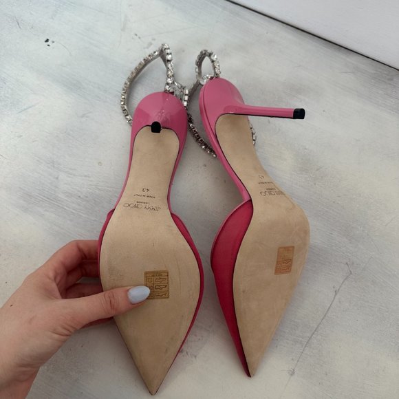 Jimmy Choo Saeda 100 Pointed Toe Mesh Pumps Pink Crystal Embellished Ankle Strap - Picture 8 of 9